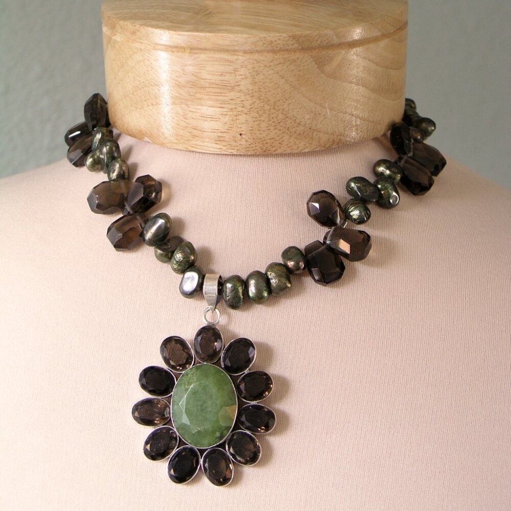Artisan Sterling, Jade and Smoky Quartz Flower Pendant Stateme Necklace